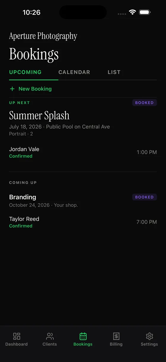 The bookings screen with tabs for upcoming, calendar and list views. Up next is a portrait session at a named location with the client's arrival time and a confirmed marker; another booking follows underneath.