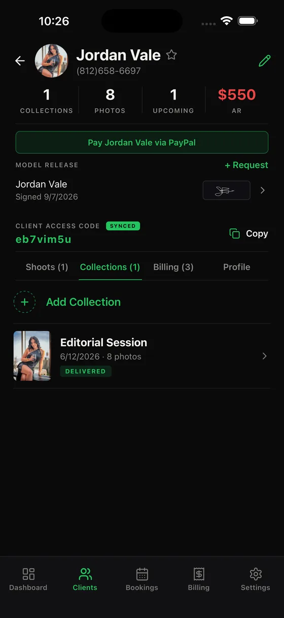 One client's page, showing counts of their collections, photos and upcoming shoots alongside the amount receivable, a button to pay them by PayPal, a model release marked signed with its date, their client access code with a copy button, and a delivered collection.