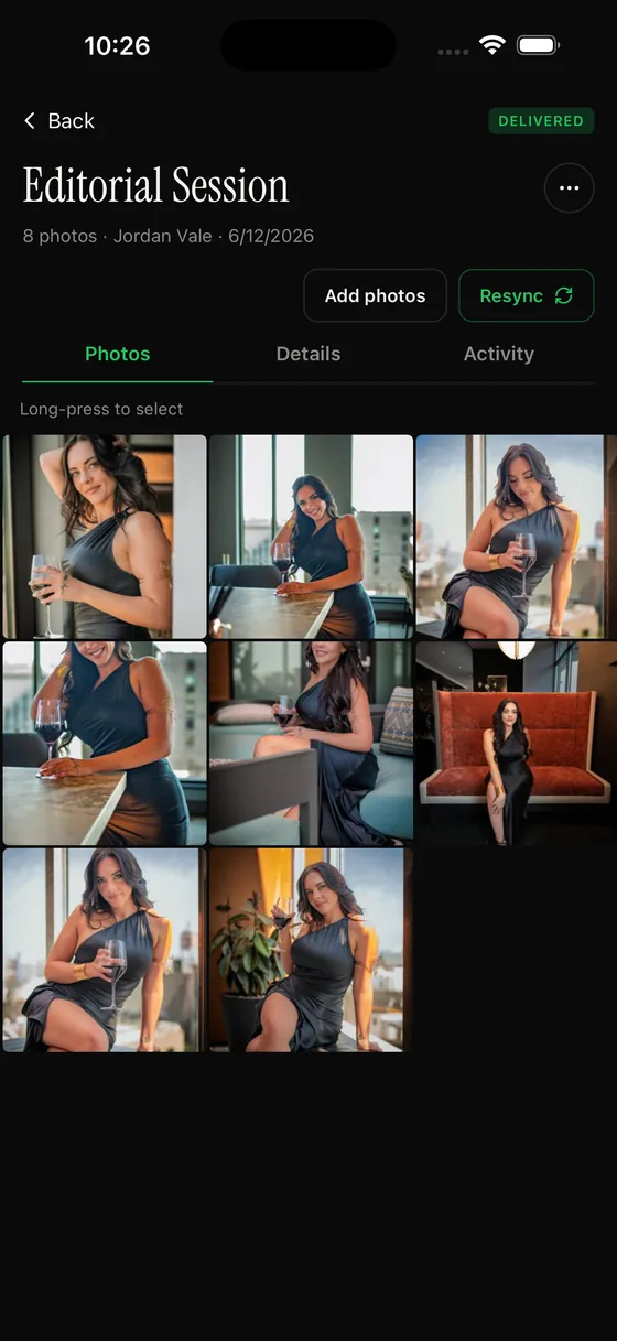 A collection marked delivered, headed with its name, photo count, client and date, with buttons to add photos or resync from storage, tabs for photos, details and activity, and a grid of the photographs themselves.